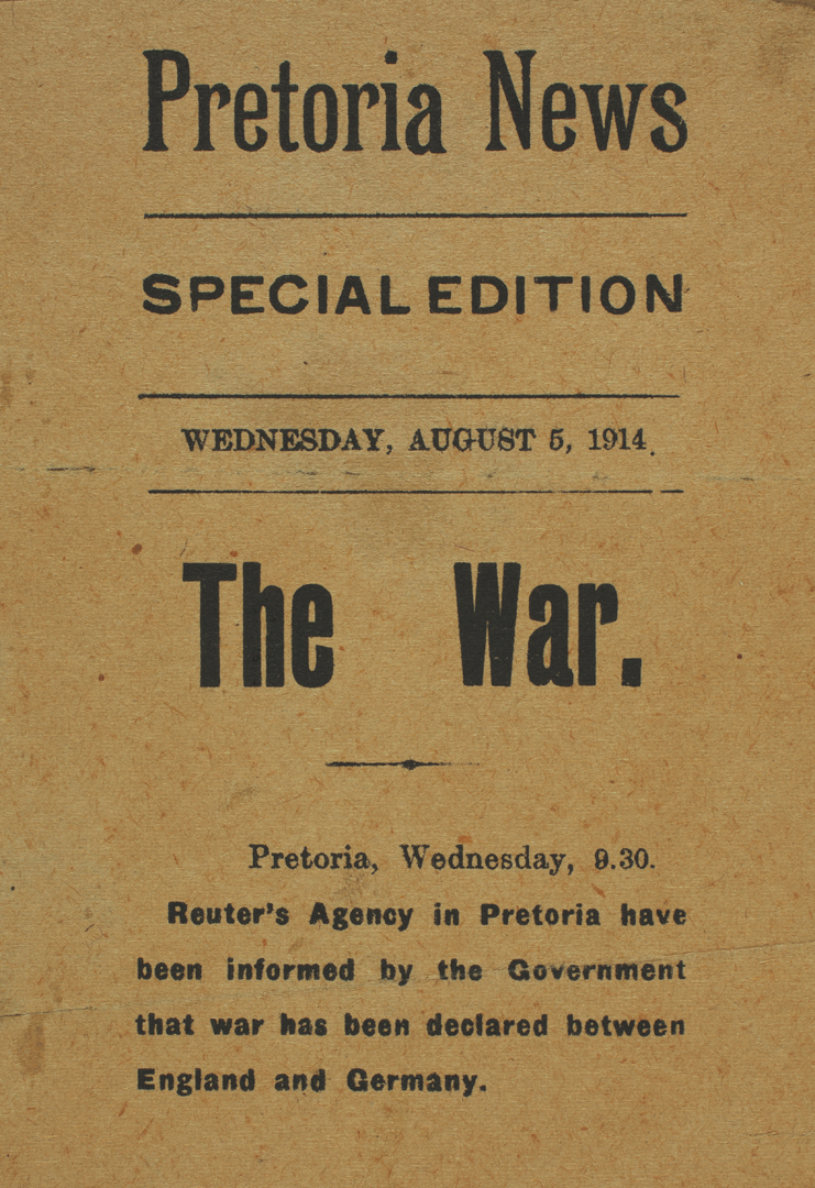 <p>World War I sees the mechanised slaughter of millions. South Africa participates under the British banner, but many Afrikaners, still affected by the South African (Anglo-Boer) War, support Germany.</p>